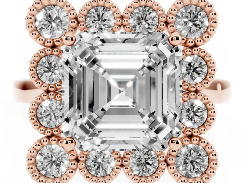 Asscher Cut Vintage Milgrain Bezel Cluster Halo Engagement Ring Setting | Plain Band | Rose Gold