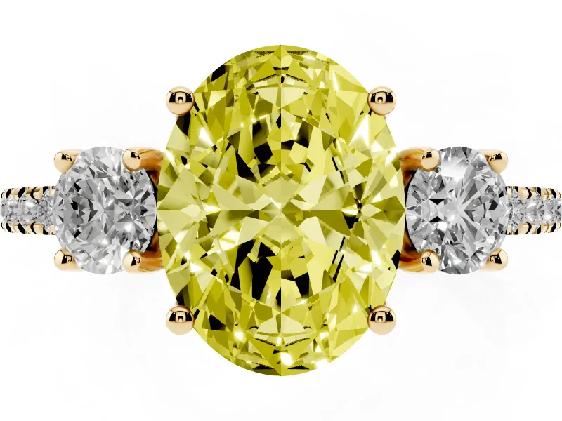Oval Three Stone Engagement Ring Setting for a Fancy Yellow Lab-Grown Diamond | Pave Shoulders | Yellow Gold