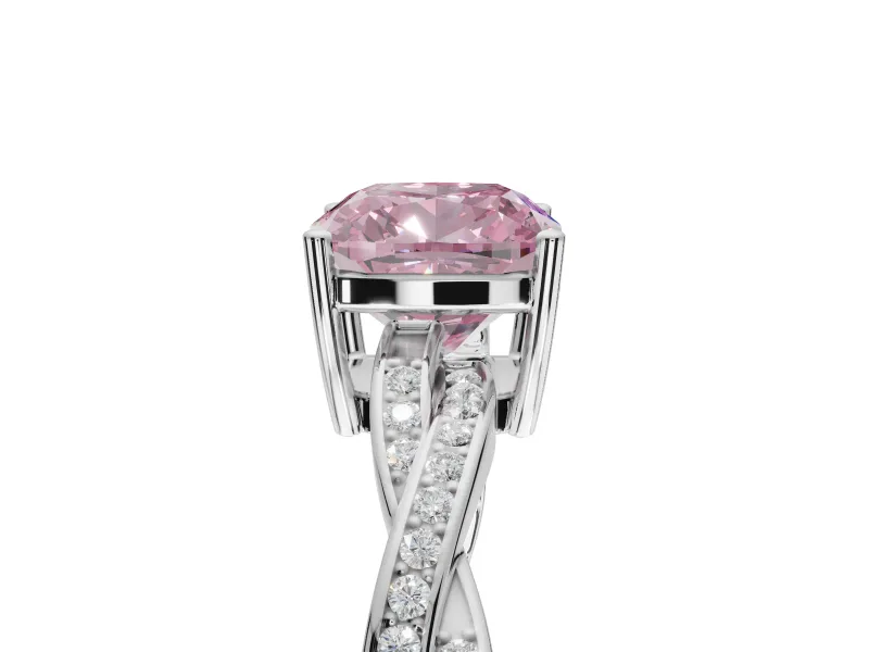 Cushion Cut Twisted Pavé Solitaire Engagement Ring Setting for a Fancy Pink Lab-Grown Diamond | Open Basket | White Gold