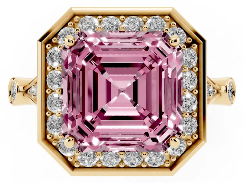 Asscher Cut Halo Engagement Ring Setting for a Fancy Pink Lab-Grown Diamond | Bezel Station Shoulders | Yellow Gold