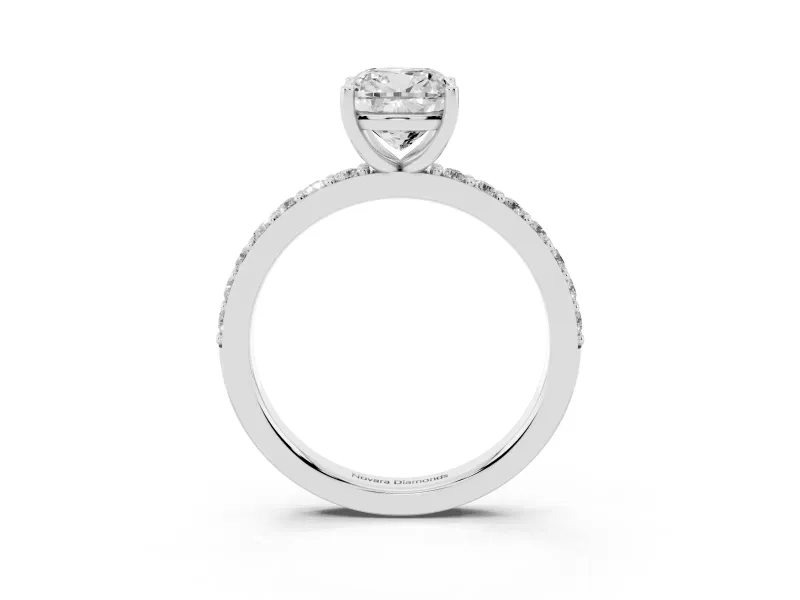 Cushion Cut Diamond Solitaire Set in Platinum with Round Pavé Band and Prong Setting