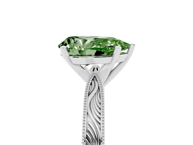 Fancy Green Pear Cut Diamond Solitaire Milgrain Engraved Band Set in Silver with Prong Setting