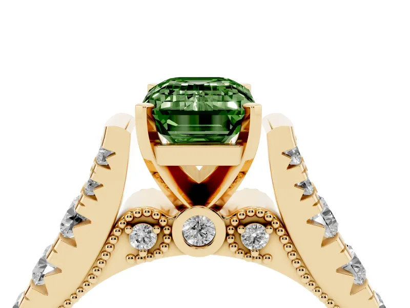 Emerald Cut Graduated Cathedral Engagement Ring Setting for a Fancy Green Lab-Grown Diamond | Side Stones | Yellow Gold