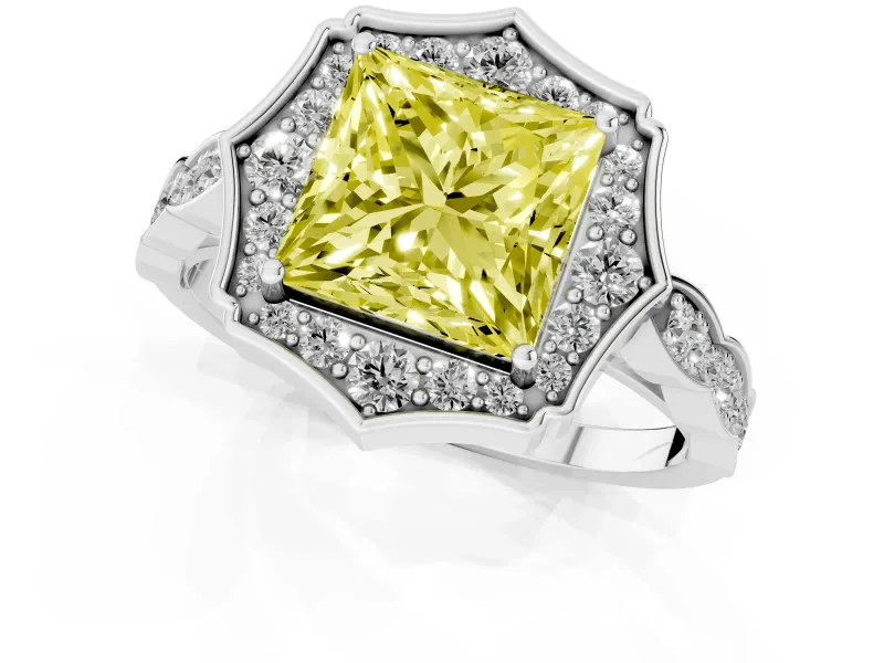 Princess Cut Scalloped Halo Engagement Ring Setting for a Fancy Yellow Lab-Grown Diamond | Pave Band | White Gold