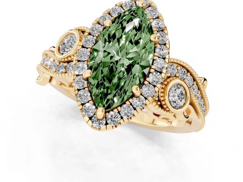 Fancy Green Marquise Cut Diamond Halo Ring Set in Yellow gold with Milgrain Pavé Band and Prong Setting