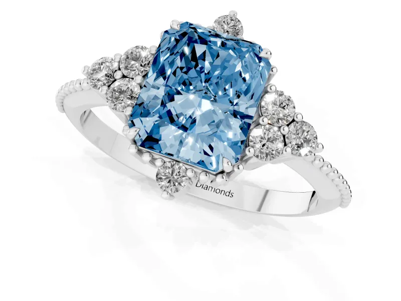 Radiant Cut Cluster Engagement Ring Setting for a Fancy Blue Lab-Grown Diamond | Sterling Silver