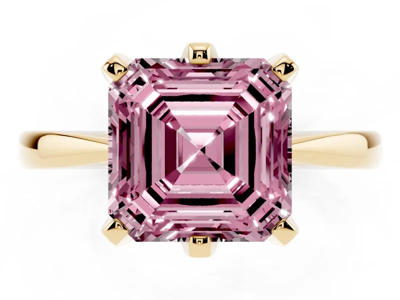 Fancy Pink Asscher Cut Diamond Solitaire Engagement Ring Set in Yellow gold with Slim Tapered Solitaire Band