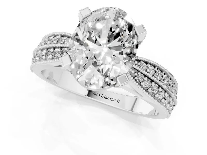 Oval Milgrain Solitaire Engagement Ring Setting | Graduated Double Row Pave | Platinum