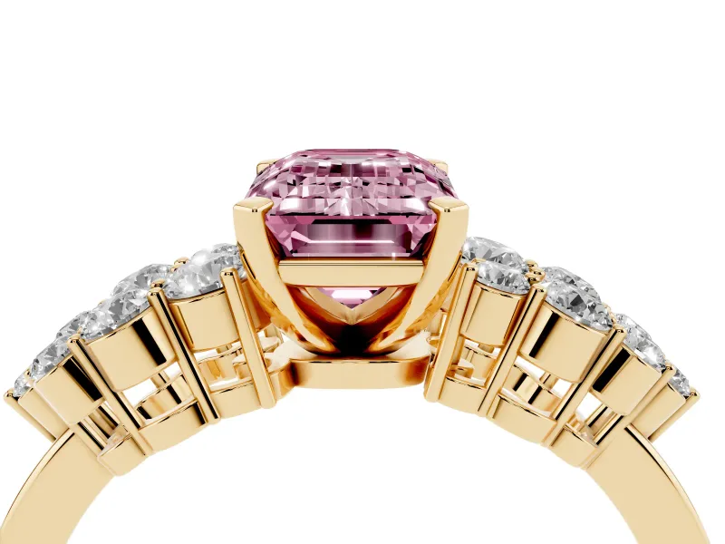 Emerald Cut Side Stone Engagement Ring Setting for a Fancy Pink Lab-Grown Diamond | Shoulder Clusters | Yellow Gold