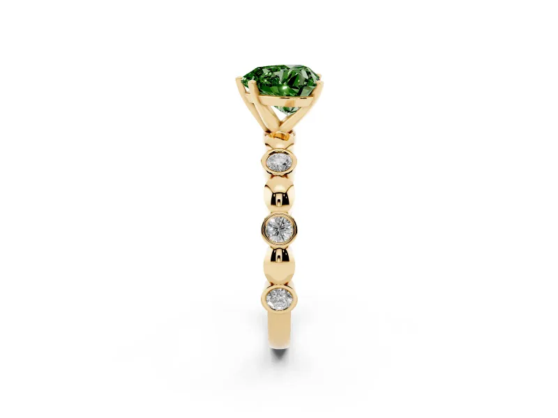 Fancy Green Heart Cut Diamond Solitaire Ring Set in Yellow gold with Bezel-Set Accents on Beaded Band and Prong Setting