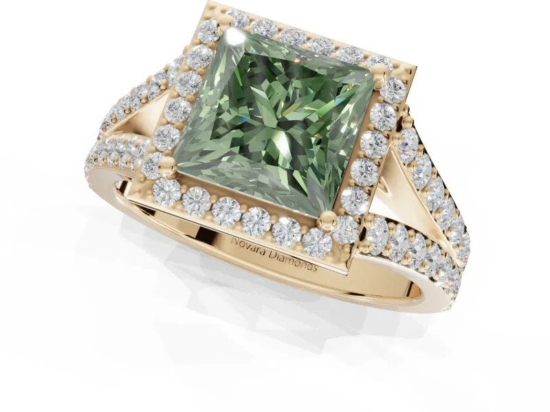 Princess Cut Halo Pavé Engagement Ring Setting for a Fancy Green Lab-Grown Diamond | Narrow Split Shank | Yellow Gold