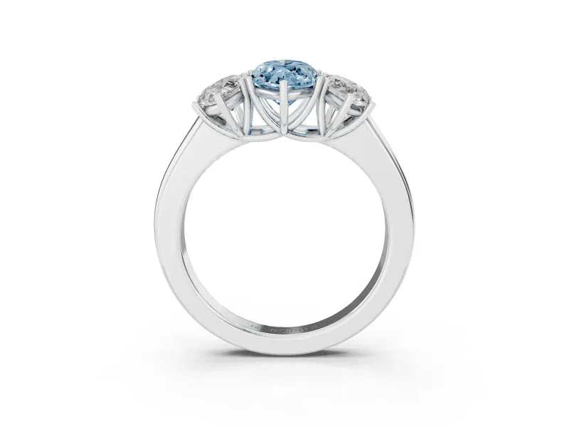 Fancy Blue Three-Stone Marquise Cut Diamond Ring Set in Platinum with Matching Prong Settings and Plain Band