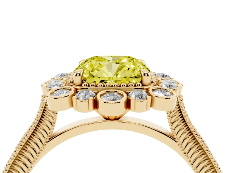 Fancy Yellow Cushion Cut Diamond Halo Milgrain Pavé Ring Set in Yellow gold with Prong Setting