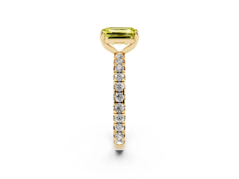 Fancy Yellow Emerald Cut Diamond Pavé Solitaire Ring Set in Yellow gold with Round Band and Prong Setting