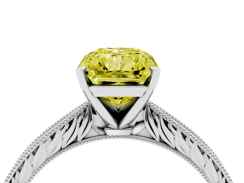 Fancy Yellow Radiant Cut Diamond Solitaire Milgrain Engraved Band Set in Silver with Prong Setting