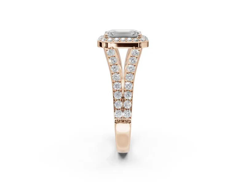Emerald Cut Halo Pavé Engagement Ring Setting | Narrow Split Shank | Rose Gold