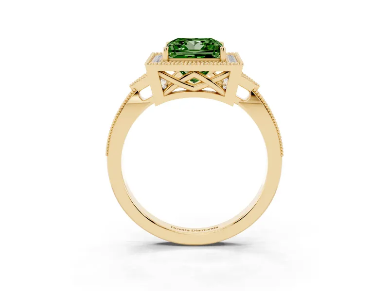 Princess Cut Milgrain Halo Engagement Ring Setting for a Fancy Green Lab-Grown Diamond | Graduated Pavé | Yellow Gold