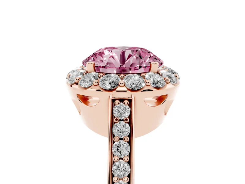 Fancy Pink Round Cut Diamond Floral Halo Ring Set in Rose gold with Pavé Band and Prong Setting