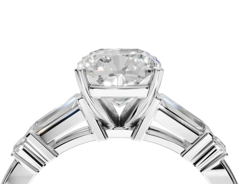 Cushion Cut Tapered Baguette Engagement Ring Setting | Bar Set Sides | White Gold