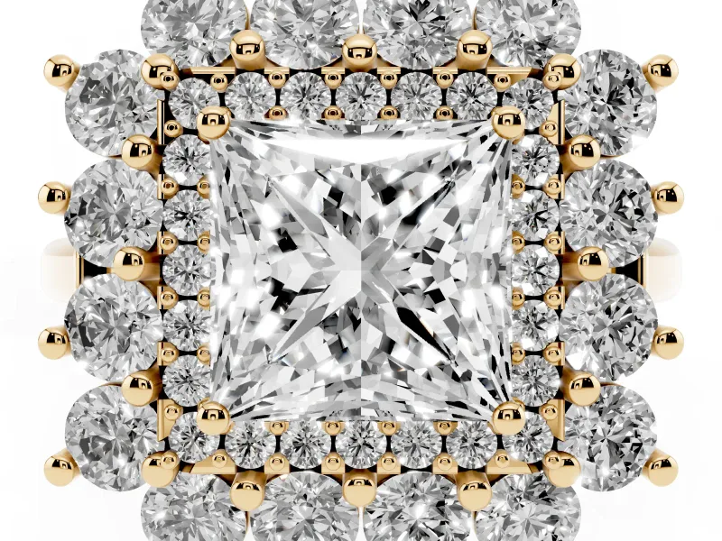 Princess Cut Floral Double Halo Engagement Ring Setting | Plain Band | Yellow Gold