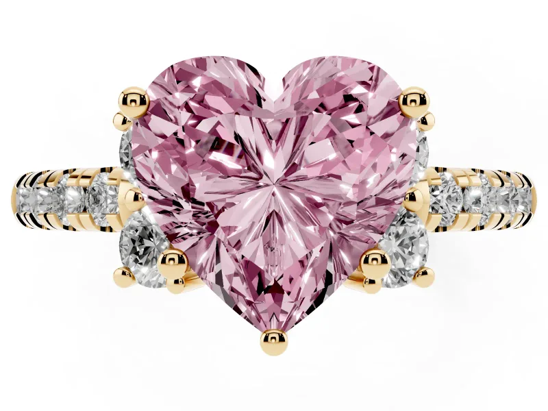 Heart-Shaped Side Stone Engagement Ring Setting for a Fancy Pink Lab-Grown Diamond | Pave Band | Yellow Gold