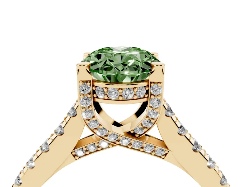 Oval Hidden Halo Pave Engagement Ring Setting for a Fancy Green Lab-Grown Diamond | Claw Prongs | Yellow Gold