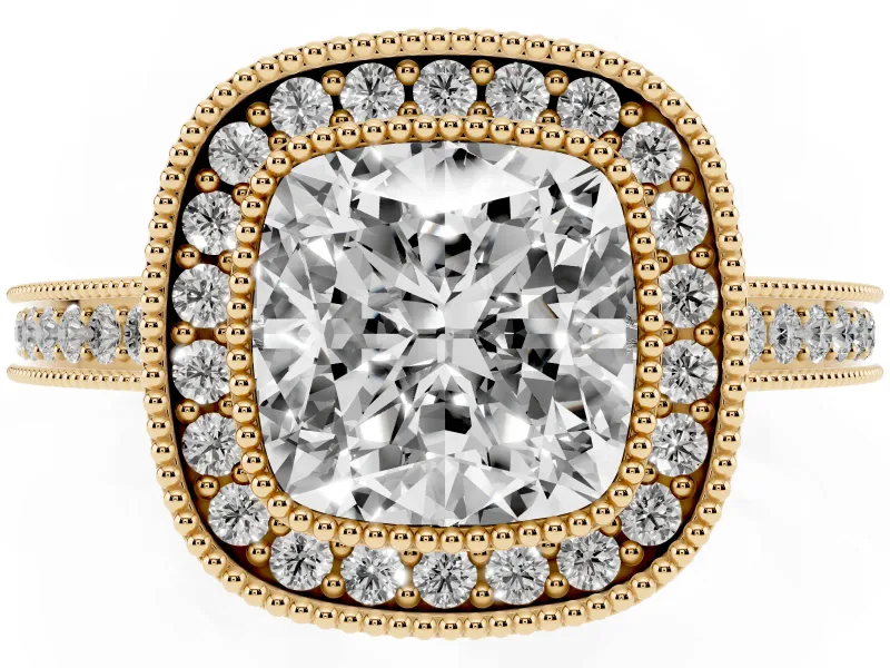 Cushion Cut Vintage Milgrain Halo Engagement Ring Setting | Filigree Gallery | Yellow Gold