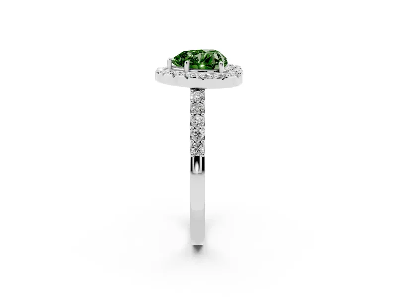 Fancy Green Heart Cut Diamond Halo Pavé Solitaire Ring Set in Platinum with Prong-Set Center Stone