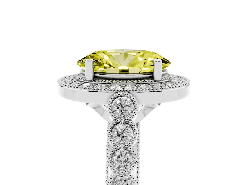 Fancy Yellow Oval Cut Diamond Milgrain Halo Solitaire Ring Set in Platinum with Bezel Set Side Stones and Pavé Band