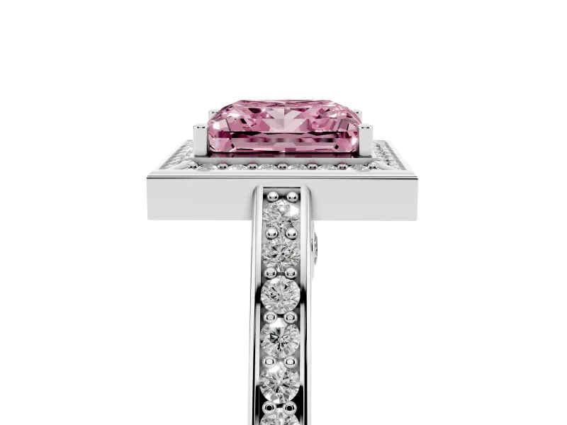 Fancy Pink Princess Cut Diamond Halo Pavé Split Shank Ring Set in Silver with Prong Setting