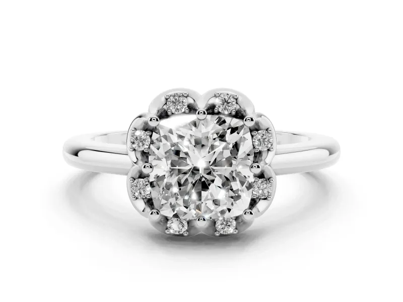 Cushion Cut Diamond Round Cluster Halo Ring Set in White gold with Solitaire Band and Prong Setting