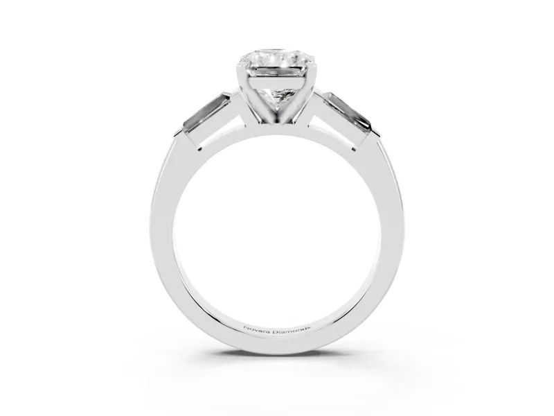 Radiant Cut Diamond Solitaire Ring Set in Platinum with Tapered Baguette Side Stones and Prong Setting