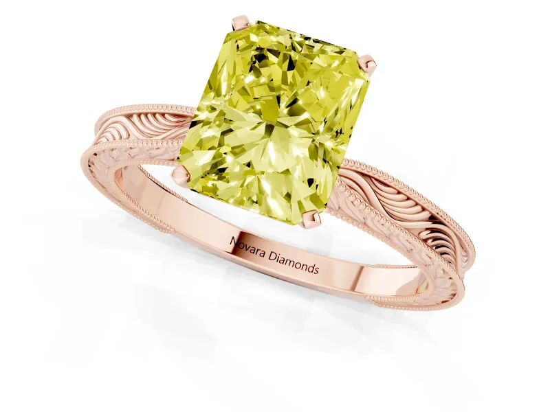 Fancy Yellow Radiant Cut Diamond Solitaire Milgrain Engraved Band Set in Rose gold with Prong Setting