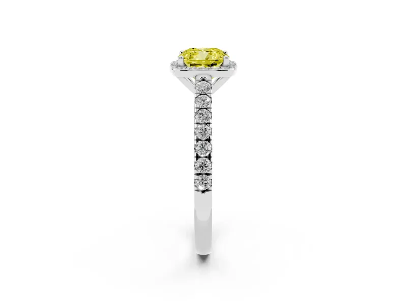 Fancy Yellow Cushion Cut Diamond Halo Engagement Ring Set in White gold with Pavé Band and Prong Setting