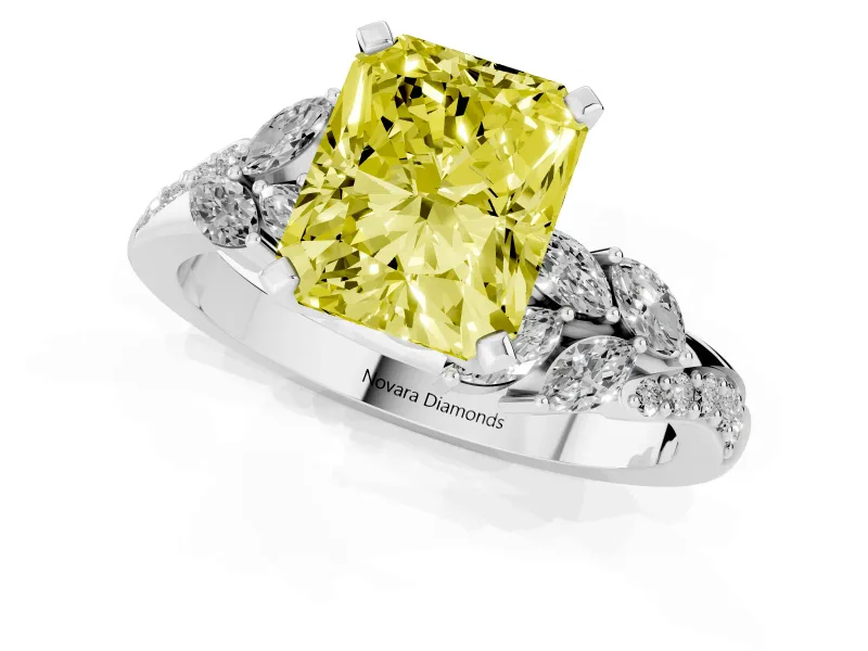 Fancy Yellow Radiant Cut Diamond Solitaire Ring Set in Platinum with Marquise Twist Band and Prong Setting