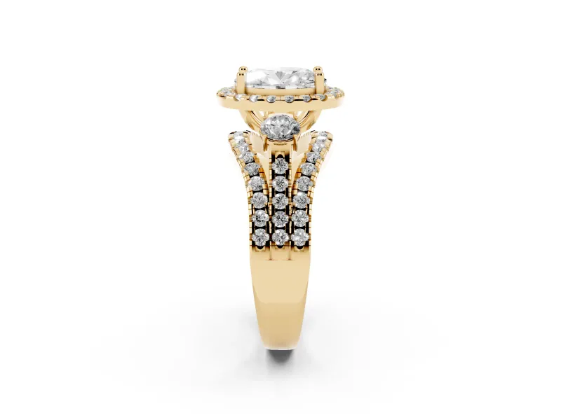 Oval Halo Split Shank Engagement Ring Setting | Round Side Stones | Yellow Gold