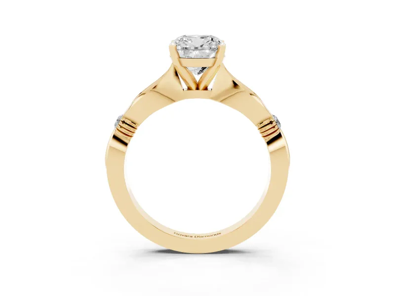 Cushion Cut Diamond Solitaire Twisted Band Ring Set in Yellow gold with Accent Stones and Prong Setting