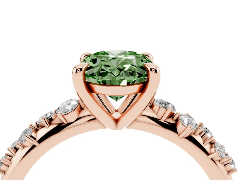 Fancy Green Oval Cut Diamond Solitaire Vine Band Ring Set in Rose gold with Round Accents and Prong Setting