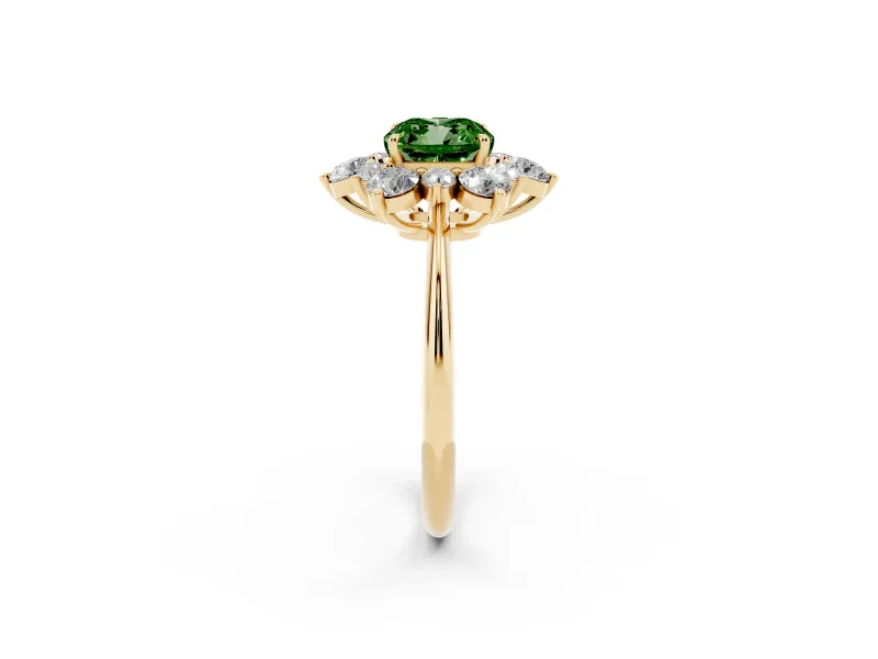 Cushion Cut Cluster Halo Engagement Ring Setting for a Fancy Green Lab-Grown Diamond | Yellow Gold