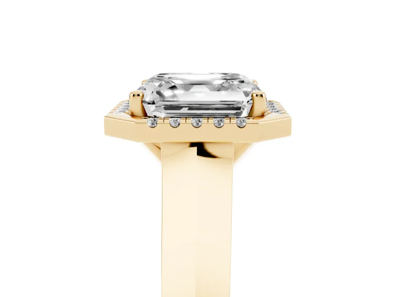 Asscher Cut Diamond Halo Ring Set in Yellow gold with Cathedral Band and Prong Setting
