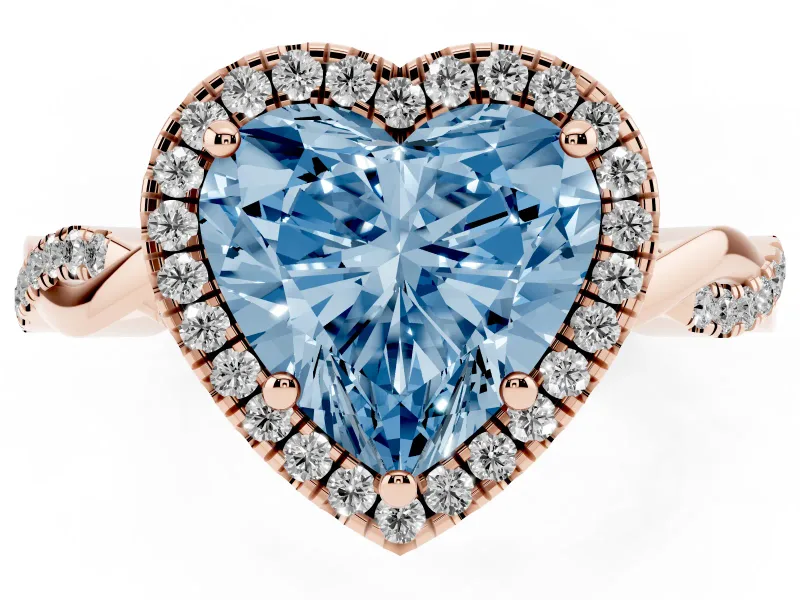 Fancy Blue Heart Cut Diamond Halo Twisted Band Ring Set in Rose gold with Prong Setting