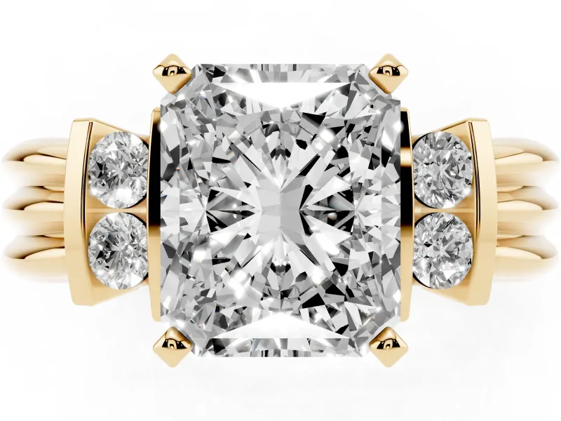 Radiant Cut Bar-Set Accent Engagement Ring Setting | Grooved Band | Yellow Gold