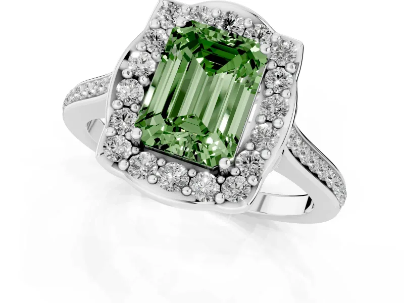 Emerald Cut Petal Tip Halo Engagement Ring Setting for a Fancy Green Lab-Grown Diamond | Pavé Band | Sterling Silver