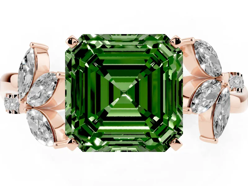 Fancy Green Asscher Cut Diamond Floral Vine Solitaire Engagement Ring Set in Rose gold with Marquise Leaves