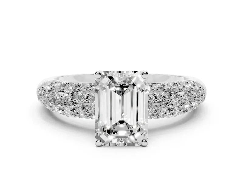 Emerald Cut Diamond Pavé Band Solitaire Ring Set in White gold with Close-Set Accent Stones and Prong Setting