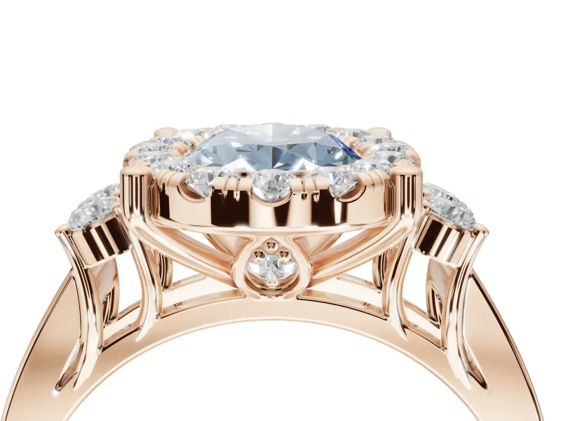 Oval Halo Engagement Ring Setting for a Fancy Blue Lab-Grown Diamond | Side Clusters | Rose Gold
