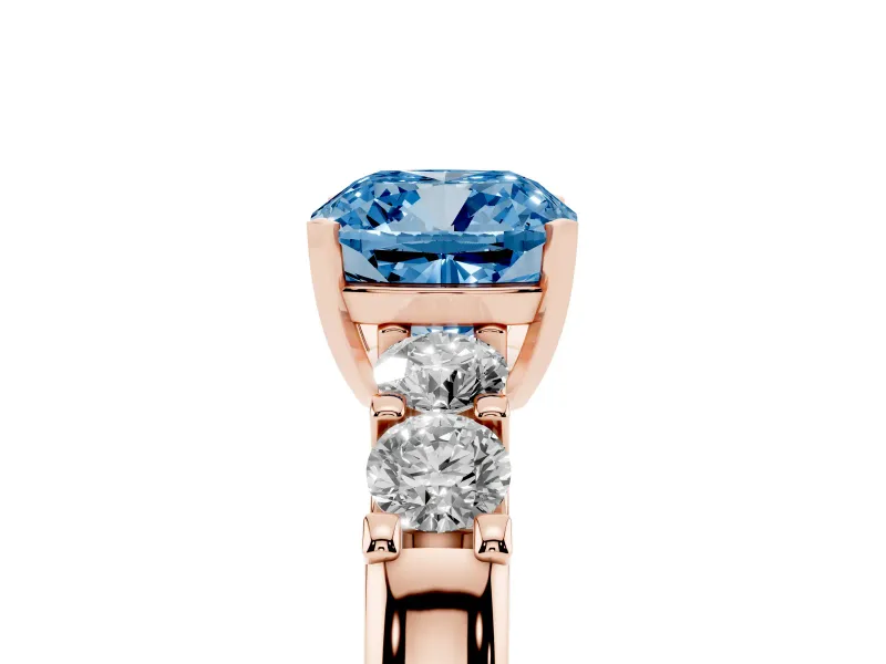 Fancy Blue Cushion Cut Diamond Five-Stone Prong Set Engagement Ring Set in Rose gold with Channel Band