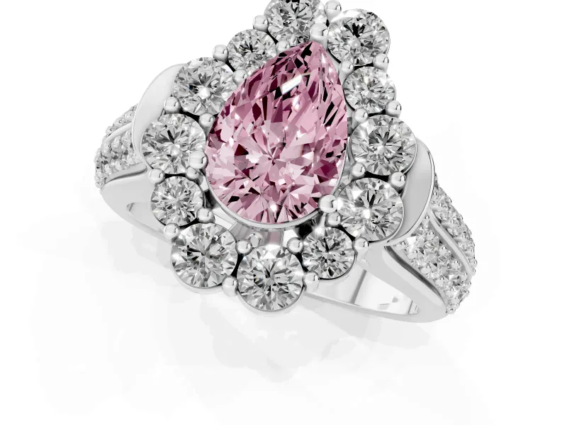 Fancy Pink Pear Cut Diamond Halo Engagement Ring Set in White gold with Split Shank and Prong Setting