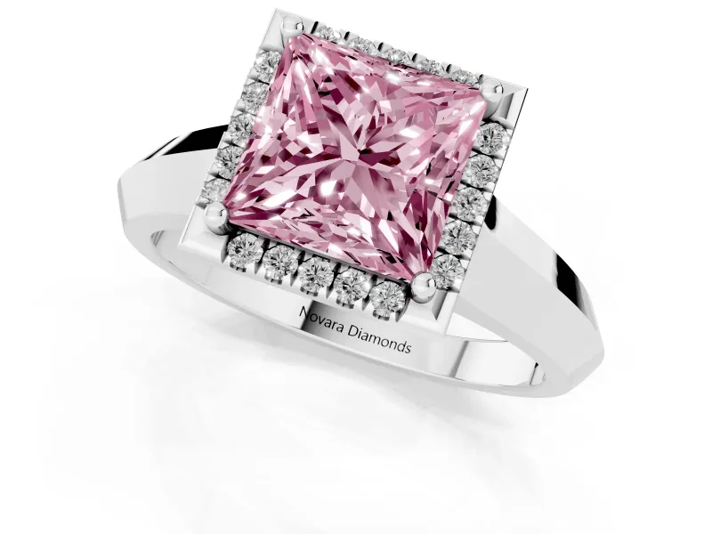 Fancy Pink Princess Cut Diamond Halo Ring Set in Silver with Cathedral Band and Prong Setting