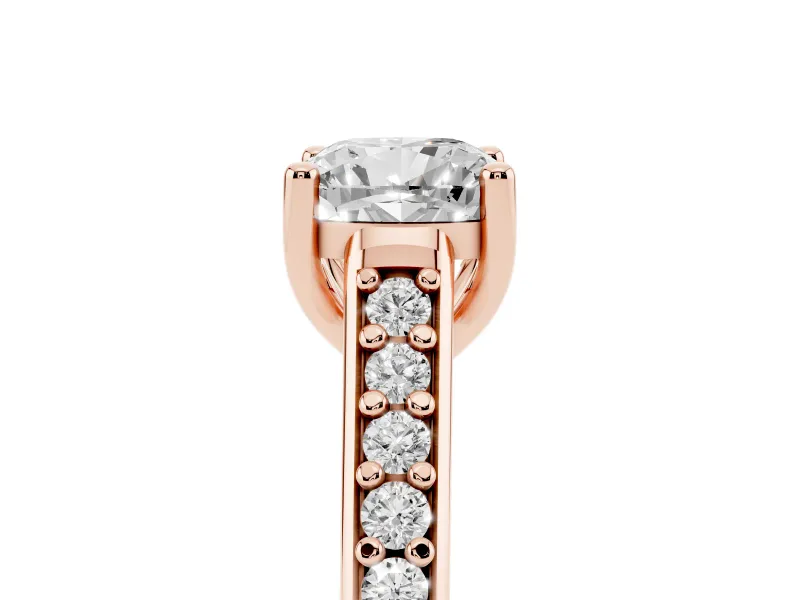 Cushion Cut Diamond Prong Set Solitaire Engagement Ring Set in Rose gold with Pavé Band